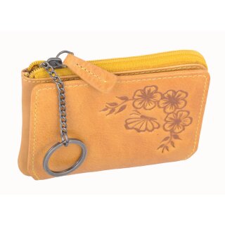 Kompakte RFID-Schlüsseltasche aus Leder – Gelb, 4 Kartenfächer, Blumenmuster