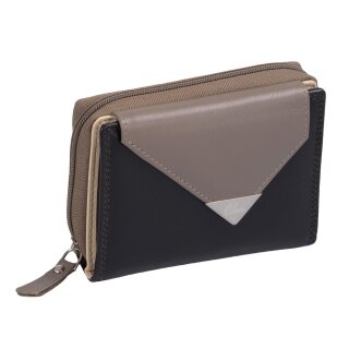 Leder Reißverschlussbörse schwarz-taupe – Damen Geldbörse mit schräger Klappe & RFID