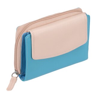 Damen Geldbörse Leder türkis beige – Reißverschlussbörse mit Klappe