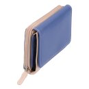 Damen Geldbörse Leder blau-beige – viele Kartenfächer, großes Münzfach
