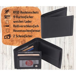 RFID-Ausleseschutz Herrenbörse querfortmat schwarz, echt Leder