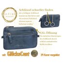 GlücksNugget Schlüsseltasche mit XXL-Öffnung und 2 Schlüsselringen aus Leder, blau + vergoldeter Glückscent